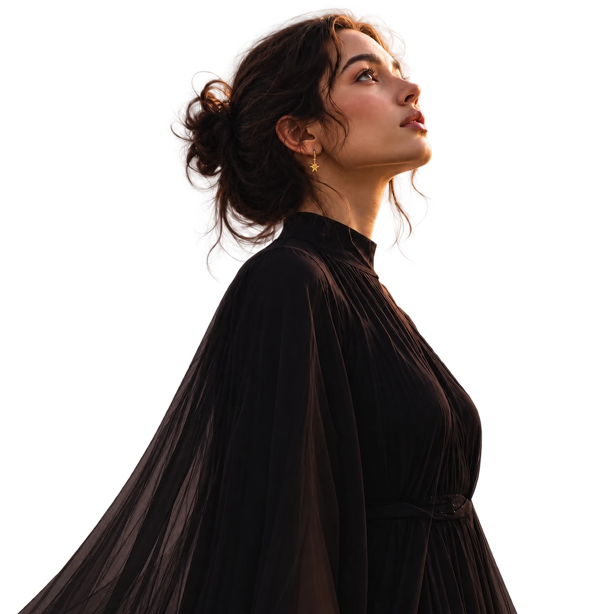 A woman looking toward a full moon beneath a constellation-filled sky