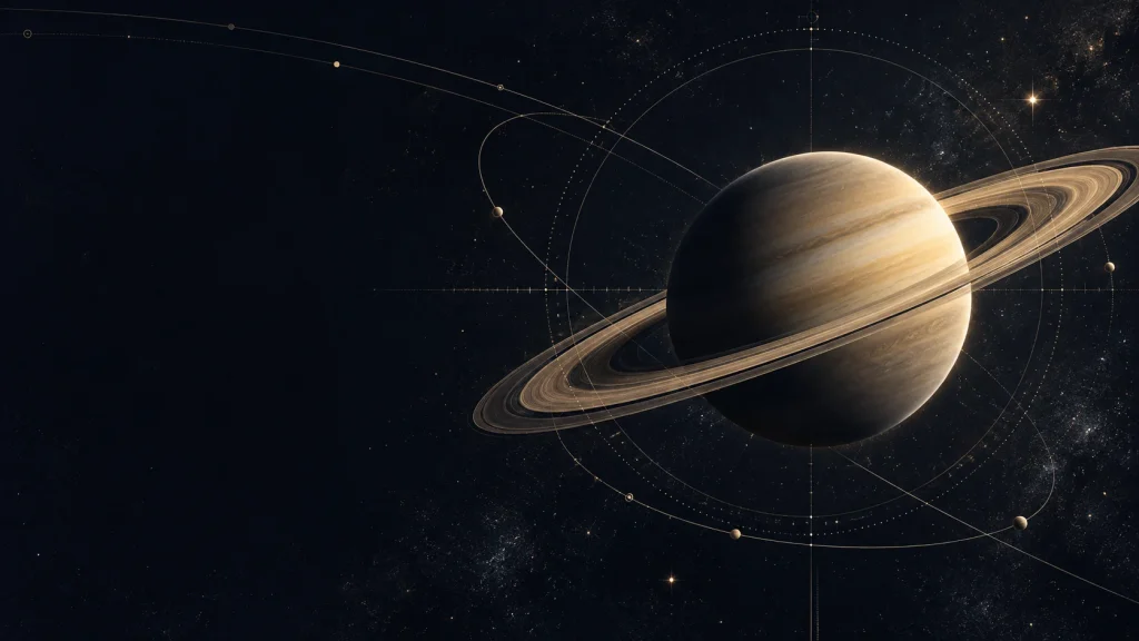 Saturn with orbit lines, illustrating how Orymera calculates Saturn Return dates