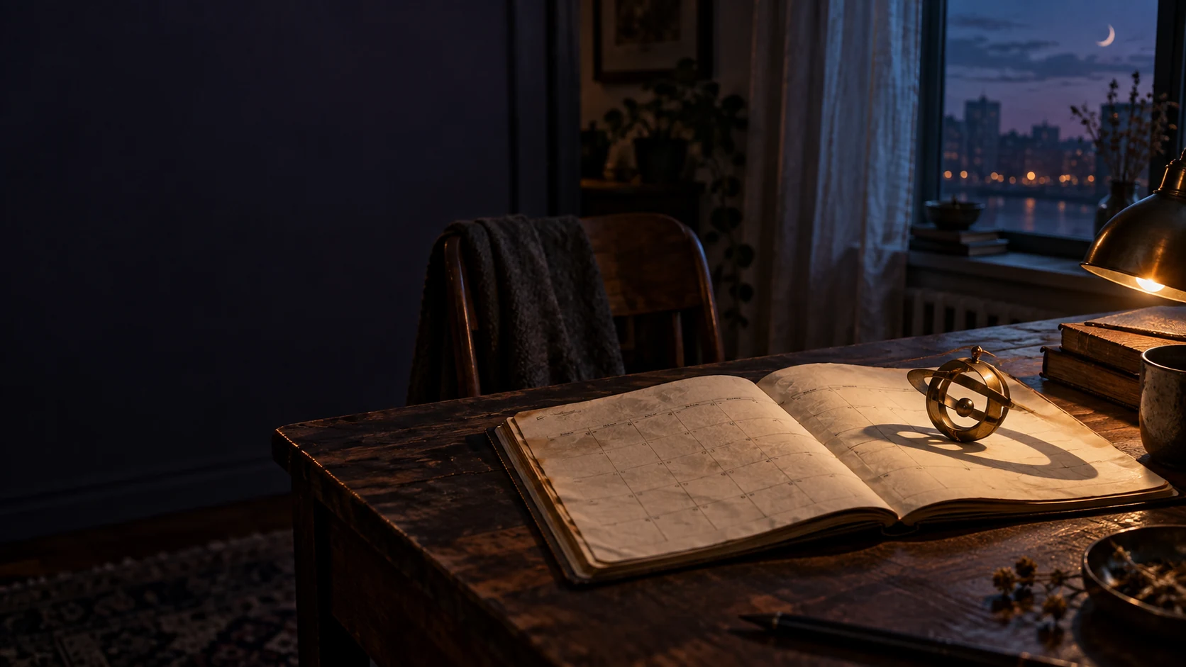 Open paper calendar and brass orbit on a desk at night