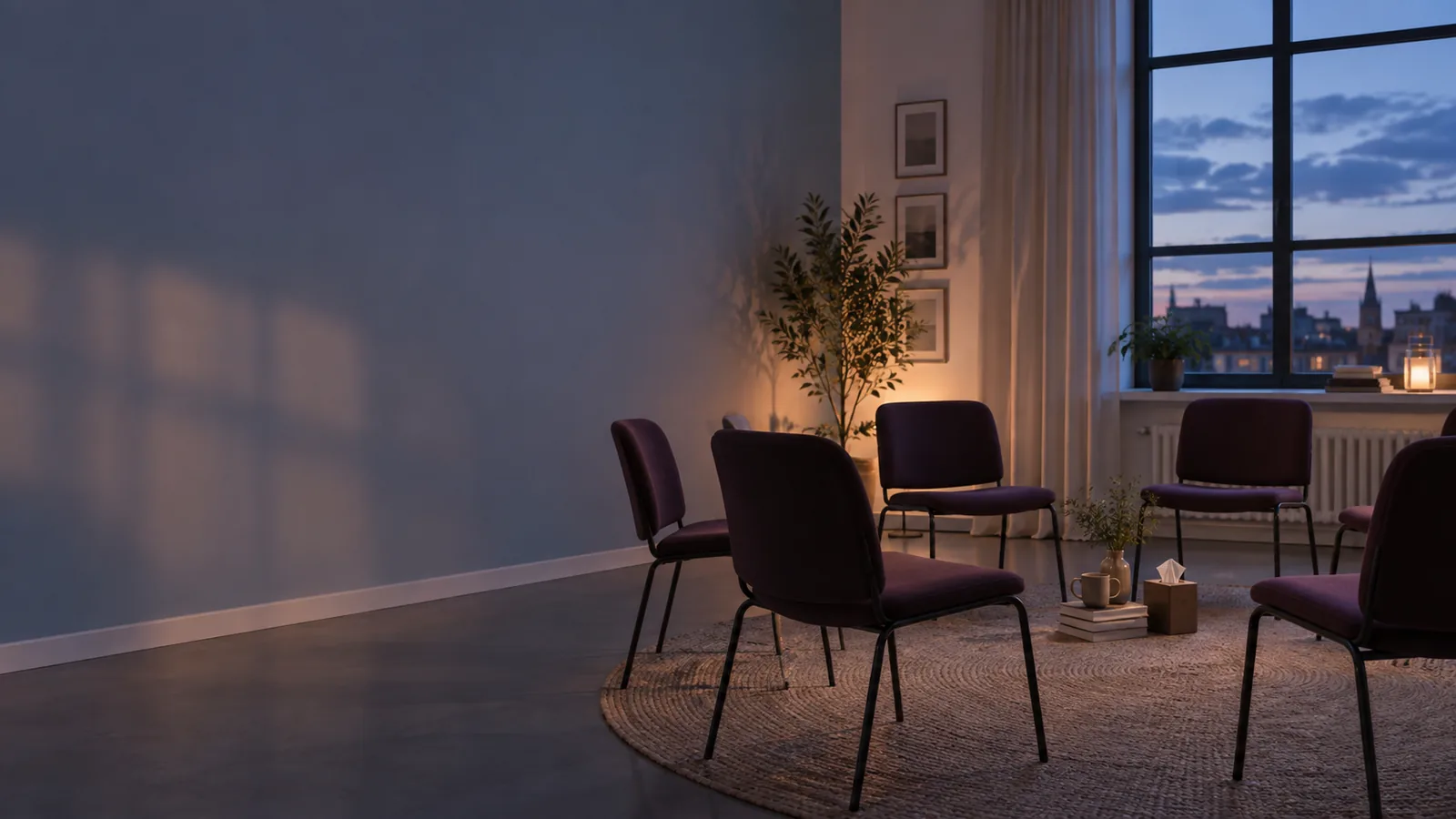 A circle of empty chairs in a quiet room beside a large window at dusk.