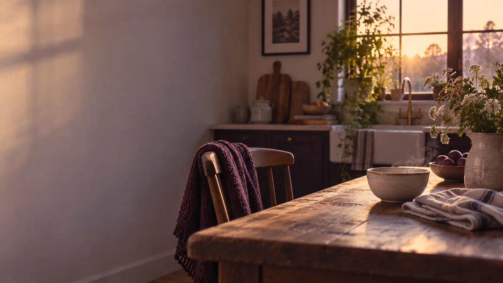 A farmhouse kitchen table with a knitted blanket over a chair, a bowl, and fresh flowers in warm evening light.
