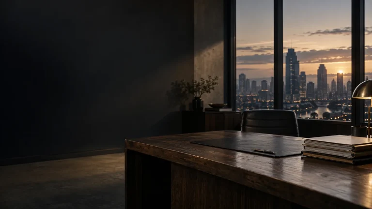 A dark wooden desk with a lamp and stacked books beside a tall window overlooking a city skyline at dusk.