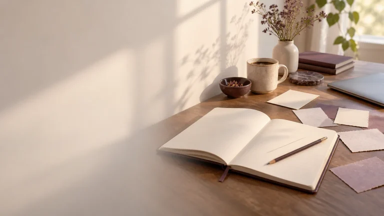 An open notebook and pencil on a wooden desk with scattered notes, a coffee cup, and morning sunlight on the wall.