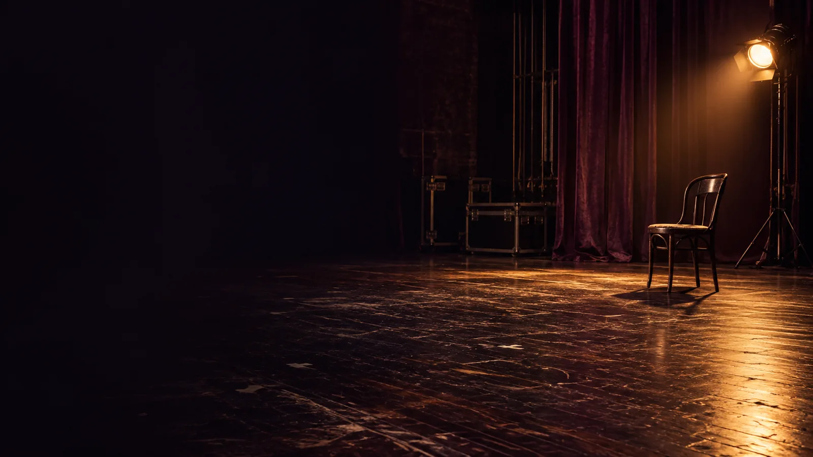 An empty dark stage with one work light shining on a single chair and a scuffed wooden floor.
