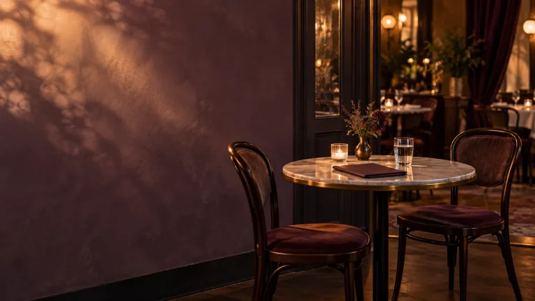 A small cafe table set for two with a water glass and a notebook, two empty chairs, and warm evening light.