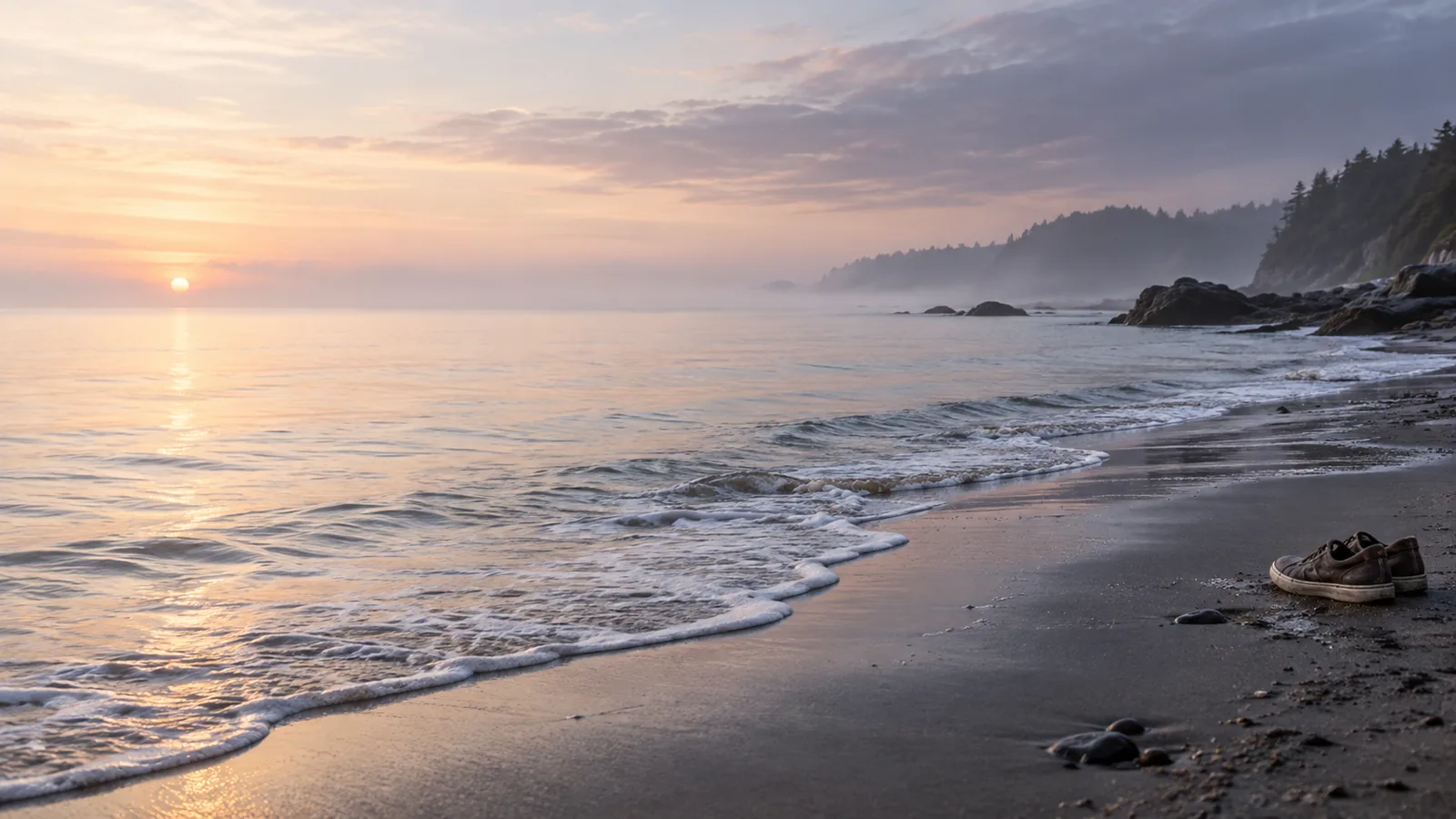 Gentle waves on a quiet beach at sunrise, with a pair of shoes left on the sand.