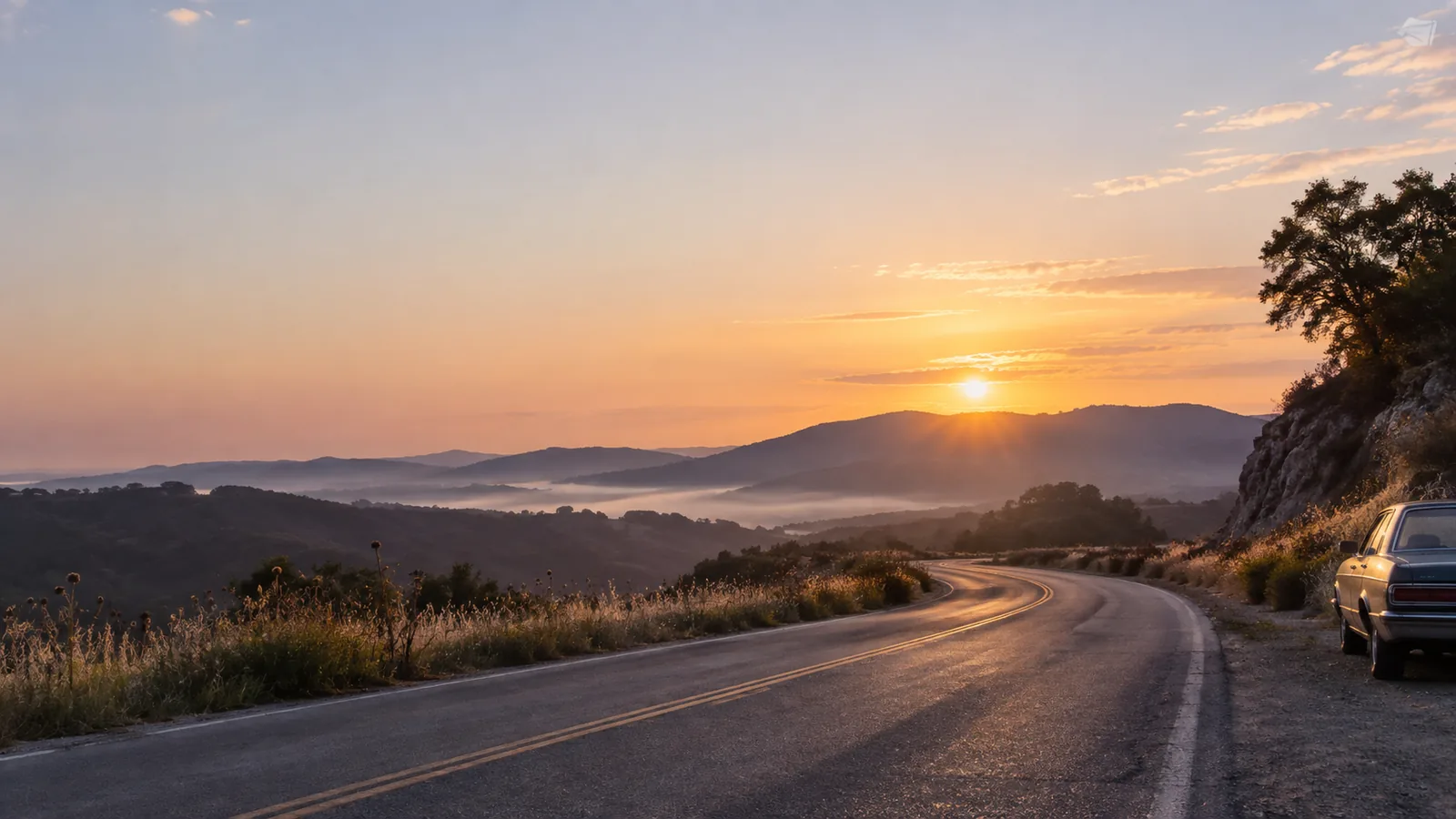 A winding two-lane road leading toward misty hills at sunrise, with an older car parked at the roadside.