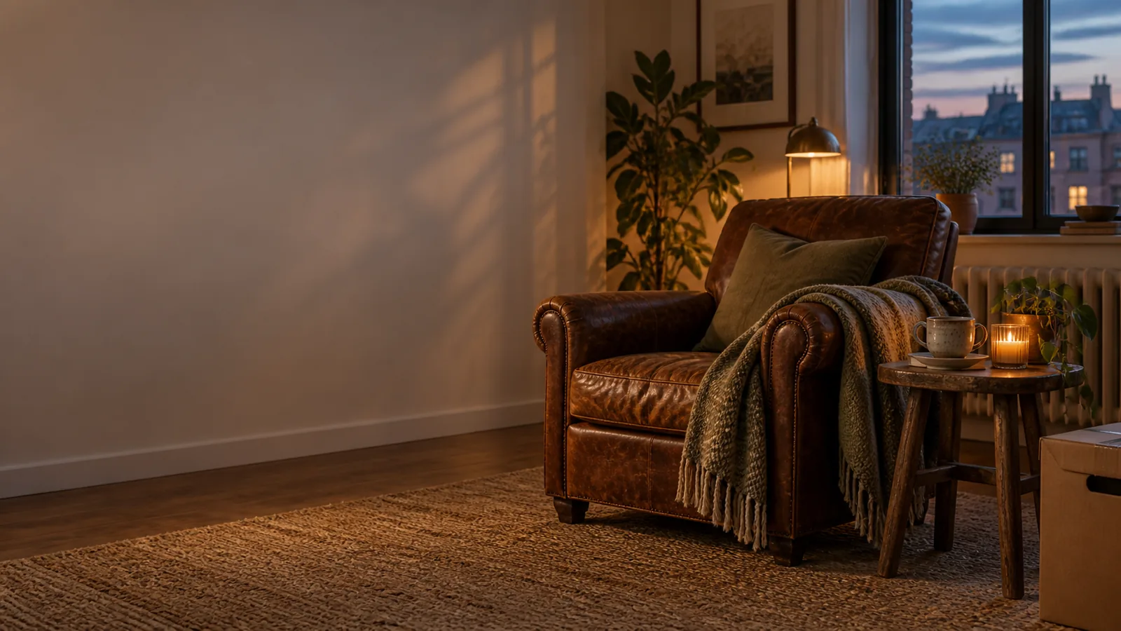 A worn leather armchair with a knitted throw beside a candlelit side table in a warm evening living room.