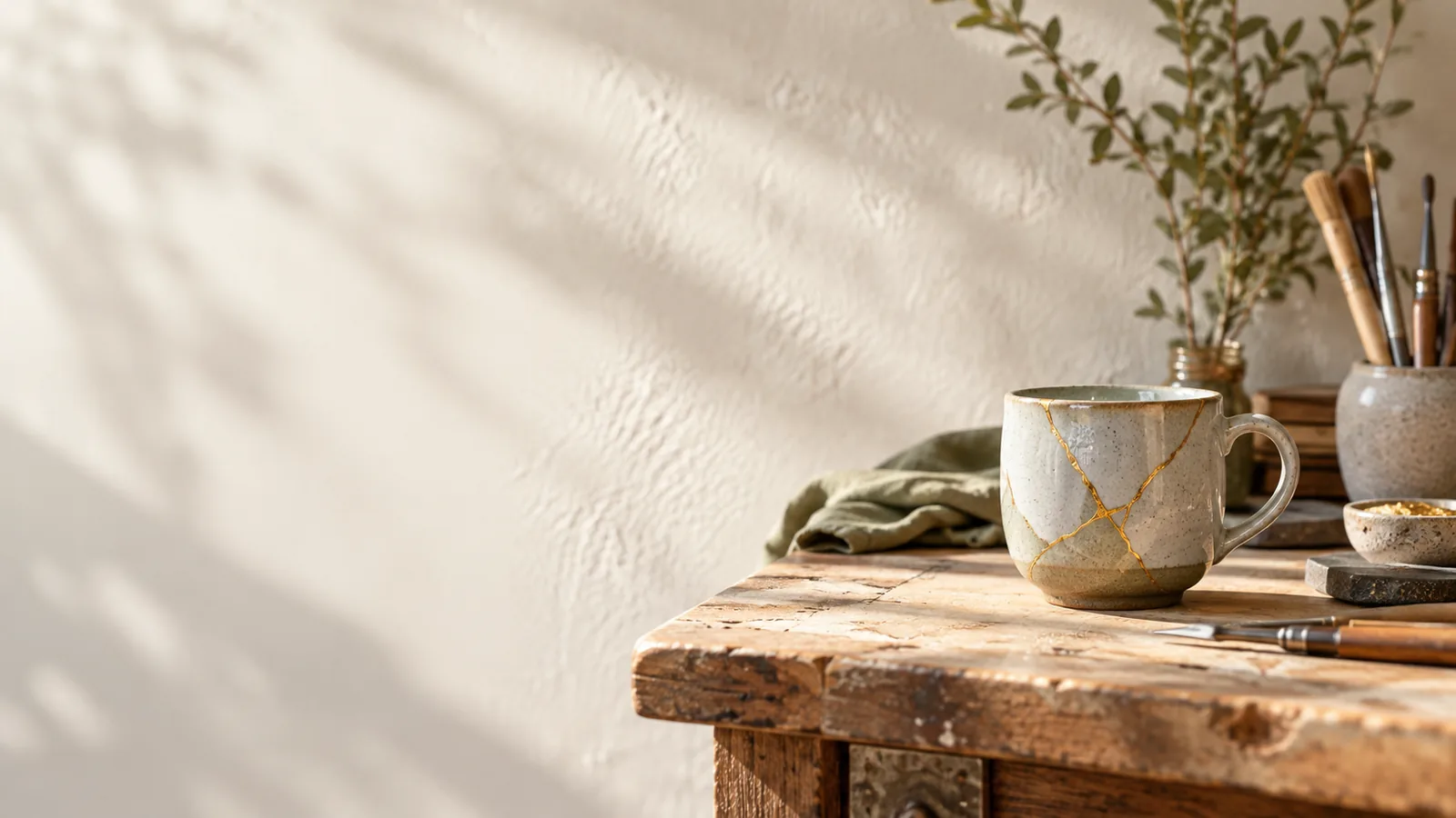 A mug repaired with gold seams beside paintbrushes and a folded cloth on a weathered wooden table in soft morning light.